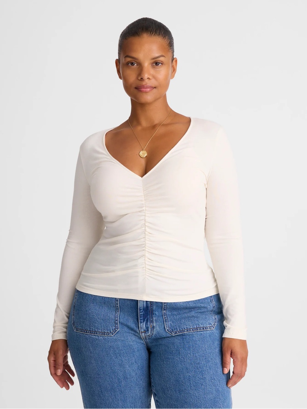 Madewell Shirred V-Neck Long-Sleeve Top XS
